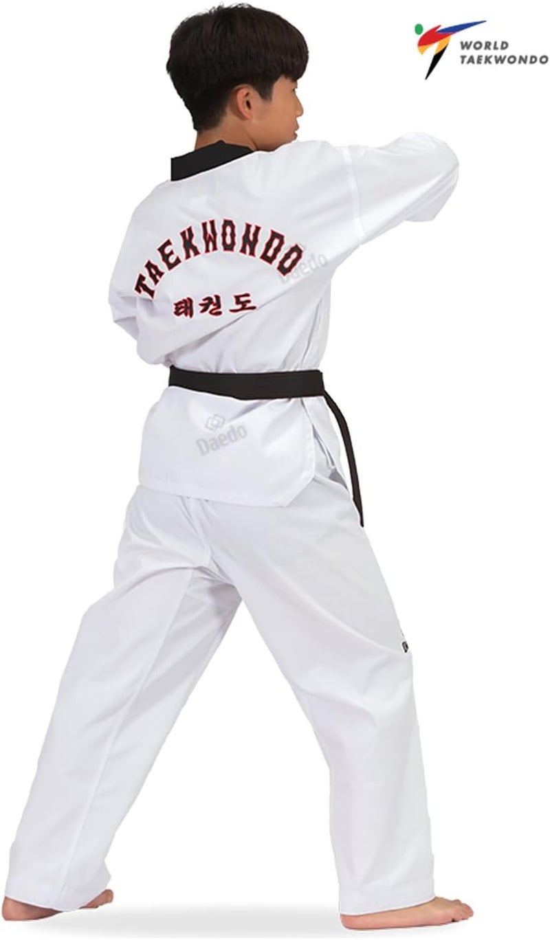 Dae Do Taekwondo Uniform - Black Neck, WT Recognized, Ribbed Polyester, Includes Pants & Top with Embroidered Taekwondo - Image 2